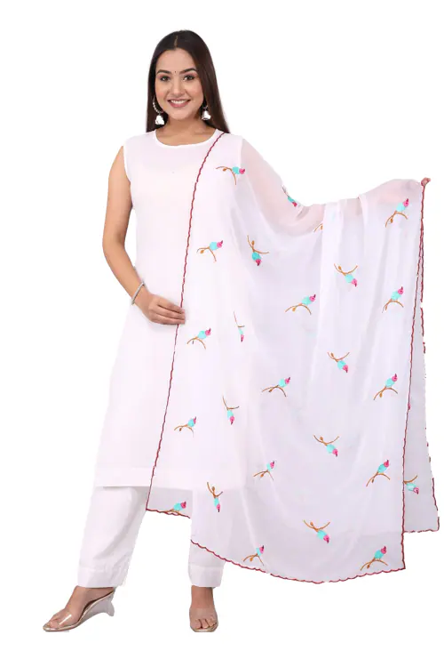 Clickedia Womens Fully Stitched Cotton Straight Cut Kurti with Pants and Dupatta with bird contrast embroidery and scalping Jaipuri Salwar Suit