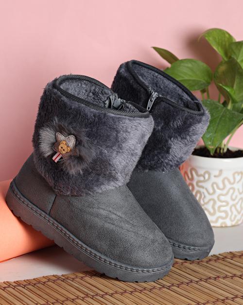 Passion Petals PU Winter Boots With Star For Girls - Grey