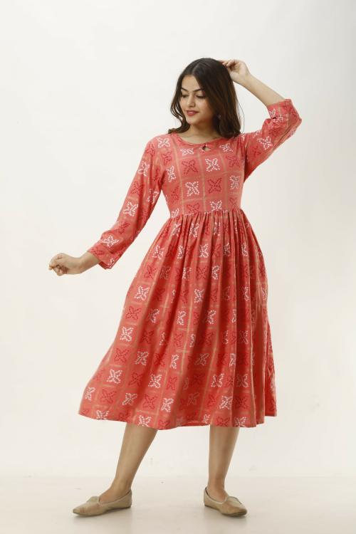 RA Creation Women Red Printed Viscose Rayon KurtaM