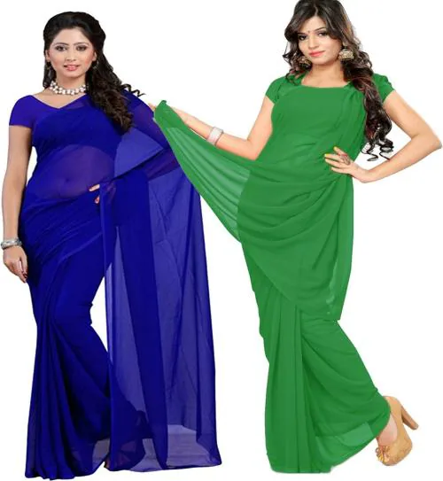 Fancynine Women Blue Solid Georgette Saree (Pack of 2)