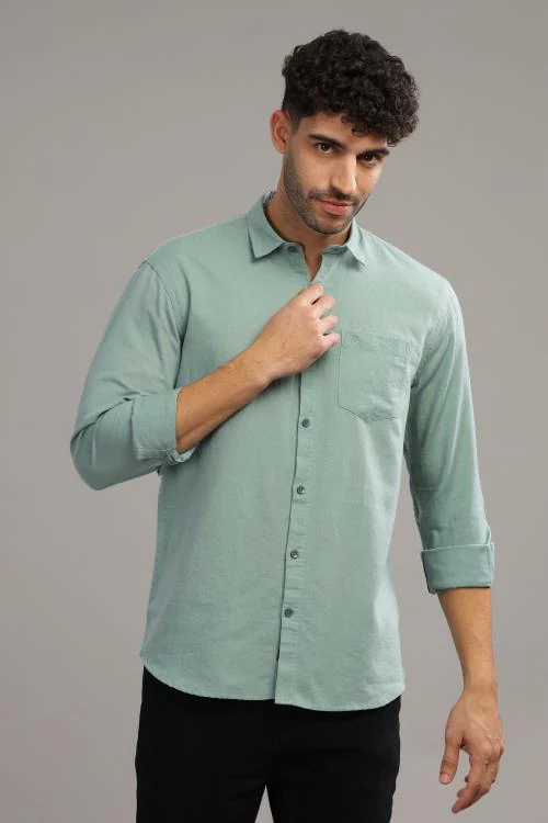 London Trance Men Light Green Solid Pure Linen Spread Collar Casual Shirt (Size M)
