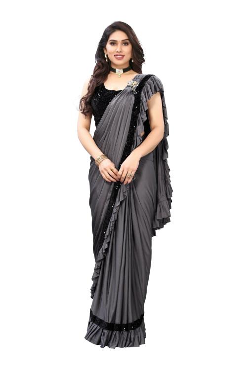 Viva N Diva Women'S Grey And Black Solid Ruffled Ready To Wear Saree Poly Crepe Material Saree With Embellished Border And Black Banglori Silk Sequins Blouse.
