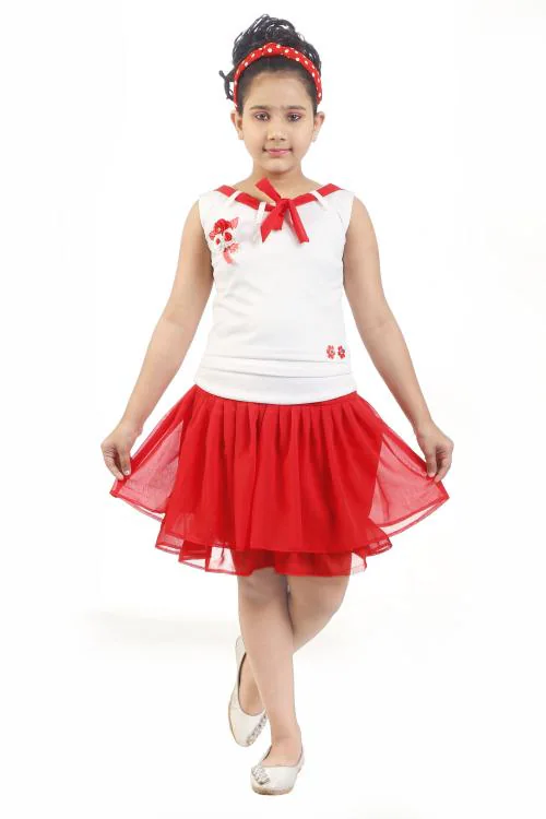 GUDWONE Kids Girls Elegant Stylish White Top and Red Skirt Partywear Set Dresses