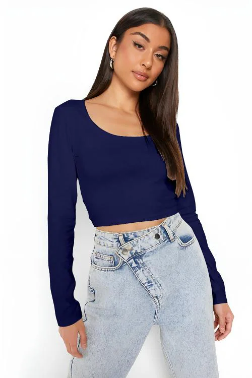 Gespo Navy Blue Solid Scoop Neck Full Sleeve Top JioMart