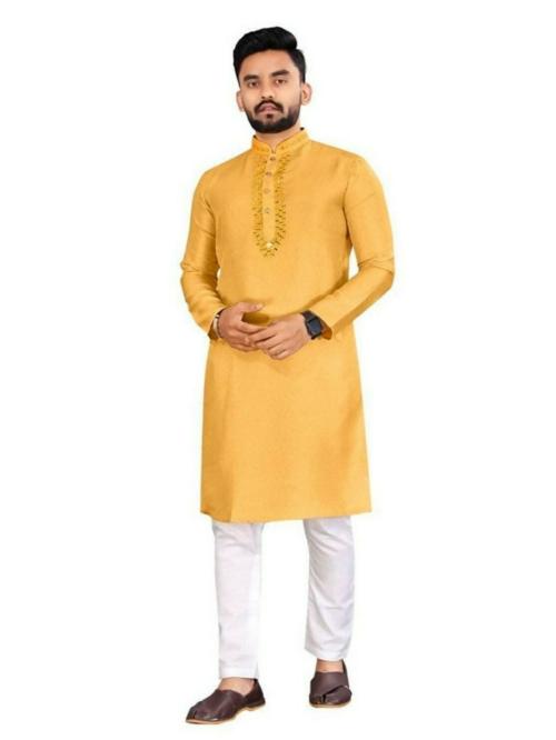 ROZLAND Men Mustard Embroidered Cotton Kurta Pyjama Set