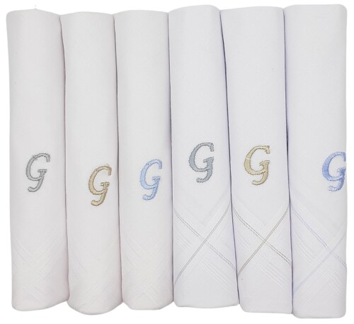 Concerto Men's Fine Cotton (White) Embroidered Initial Handkerchief (Pack of 6) (Size 48 cms * 48 cms) - G - Gifts for Husbands, Valentine, Fathers and Sons on Birthdays, Diwali and Christmas.