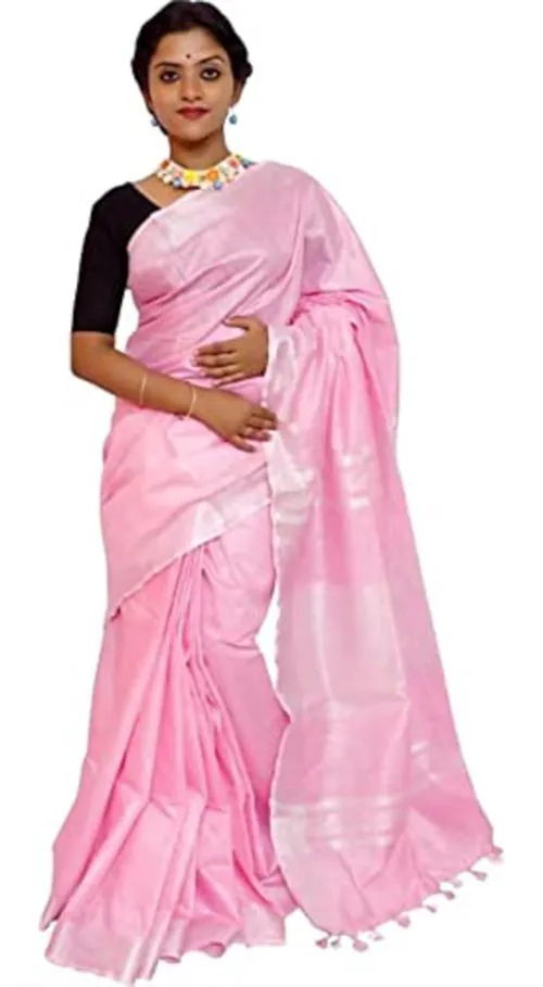 Radiant Fashion Women Pink Solid Cotton Linen Saree with Blouse Piece