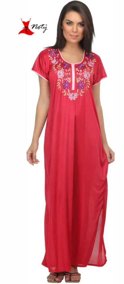 Noty Women's- Nighty/Maxi/Gown/Nightdress/Nightwear- Satin Fabric- Embroidery (Rani, Free Size)