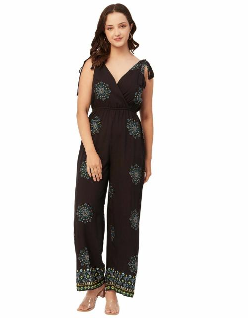 Moomaya Printed Jumpsuit For Women, Sleeveless Tie-Up V-Neck Loose Romper
