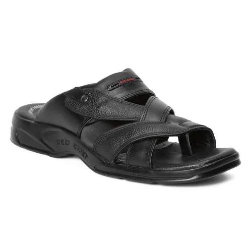 Red Chief Black Leather Slippers for Men