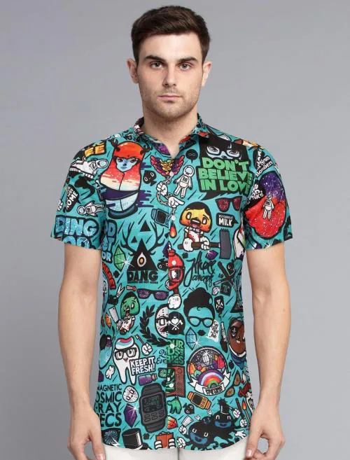 Lama fabrics Men Blue Printed Viscose Rayon Casual Shirt