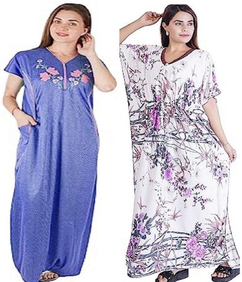 BEAUTY CRAZE Women's Satin Floral Print Nightgown And Hosiery Cotton Maxy Nighty Combo (Pack Of 2)