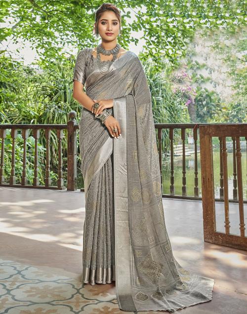 Satrani Brasso Grey Color Brasso Saree with Blouse piece | sarees for Women| saree | sarees