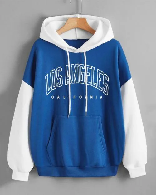 Bestic Fashion Fleece Fabric Front Print Sweatshirt Hoodies for Girl Winter Wear kangaroo pocket shape(Blue & White,XL)