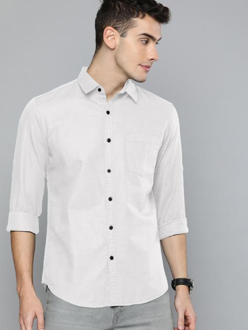 Ikg Denim Men White Solid Pure Cotton Casual Shirt (L)