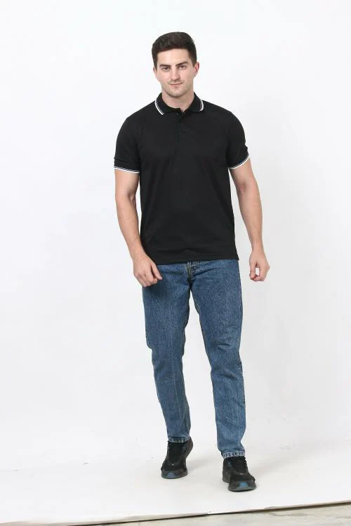 Forest Club Dull Drifit Matty Black Solid Polo T-shirt with Black Tipping, Size -M (38)