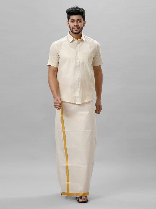 Ramraj Men White Solid Spread collar Short sleeves Tissue Shirt and Dhoti Set.