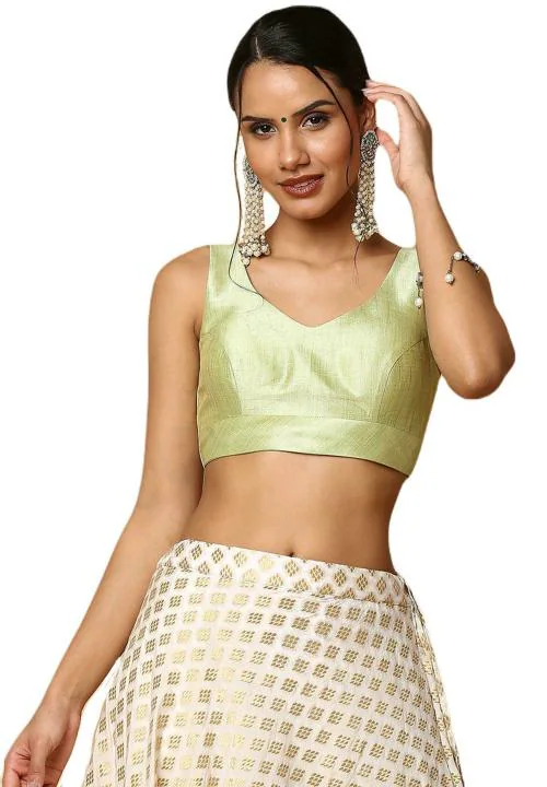 Salwar Studio Women's Pista Green Silk Blend Readymade Saree Blouse