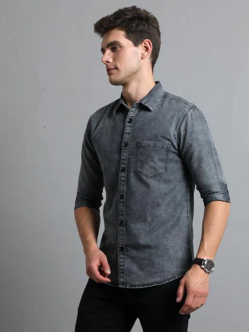 Regrowth Men Washed Casual Grey Denim Shirt