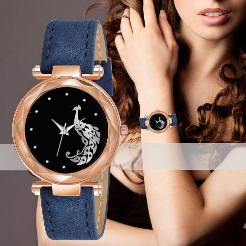 ILOZ New Stylish Rich Look Designer Peacock Design Dial blue Leather belt Girls Fashion Quartz best wrist Watch For Women