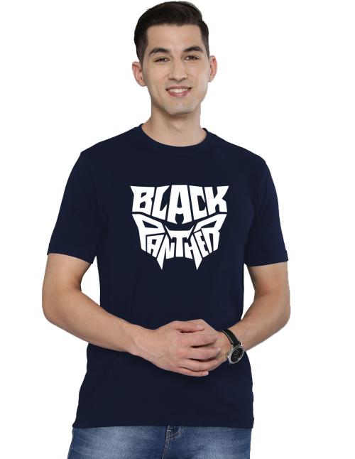 Organic Chics Black panther Printed Navy Blue Round Neck Half Sleeve Cotton Regular Fit Men Tshirt - (L)