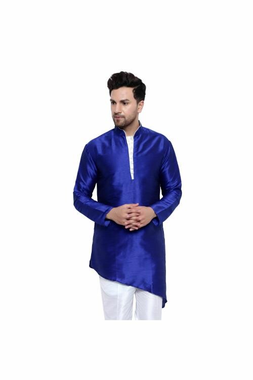 RYLEN Men's Banarsi Royal Blue Silk Short Kurta For Men