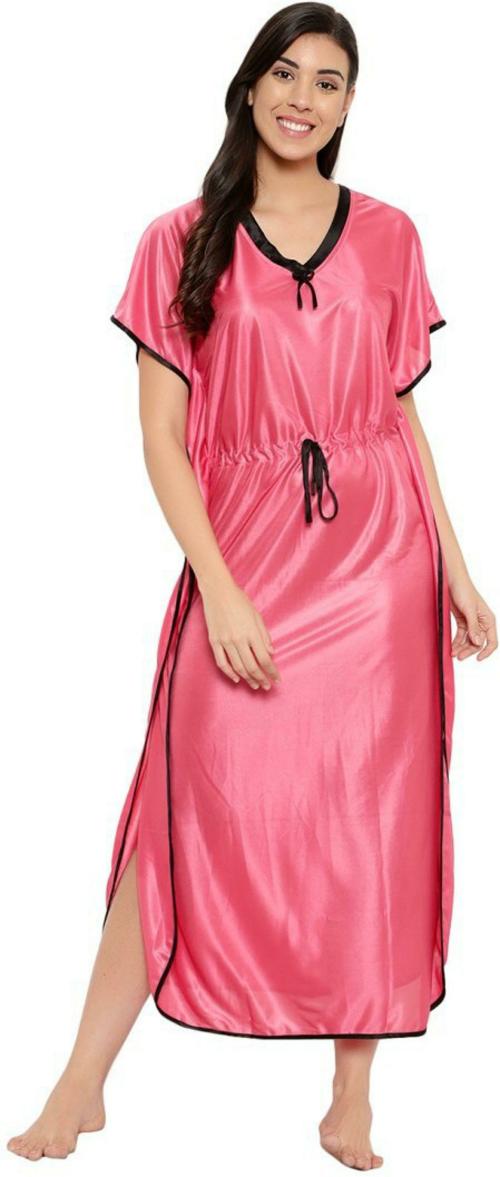 Zionity Women Pink Solid Satin Nighty
