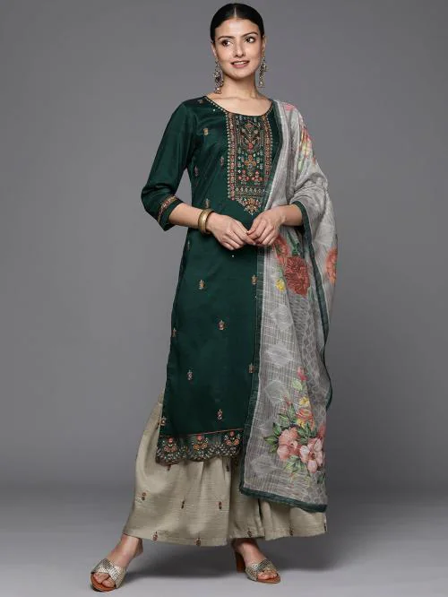Varanga Women Green Three Quater Sleeve Embroidered Kurta Paired With Sharara And Dupatta