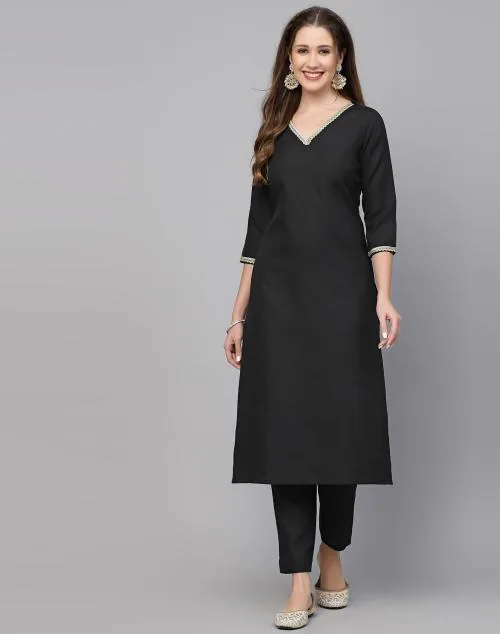 Skylee Women's Black Color Cotton Kurta Set