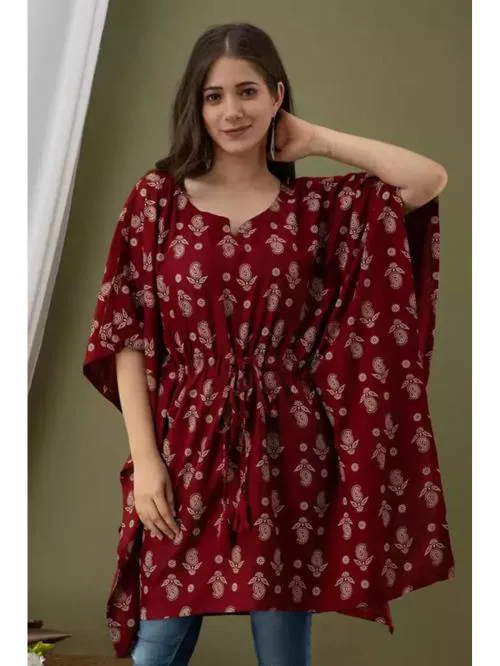 Womens Polyester Printed V-Neck Kimono Sleeves Kaftan Tops (M-KFT-11)