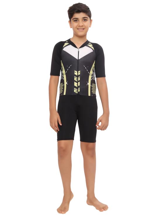 BOSKY SWIMWEAR Stylish Boy's Polyester Lycra Skating Suit cum Swimwear - Non-Fadeable Print, 4-Way Stretch, Utility Style (Black_36)