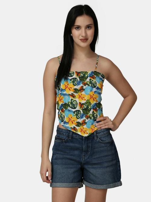 Popwings Women Casual Yellow Printed Hankei Strap Crop Top | Tops for Women | Tops For Women Stylish | Tops Latest Design For Women