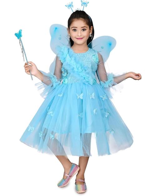 NEW TUSI DRESSES Net Solid Frock for Girls | Frock, Hair Band, Fairy Stick and Fairy Wing (Blue, 9-10 Years)