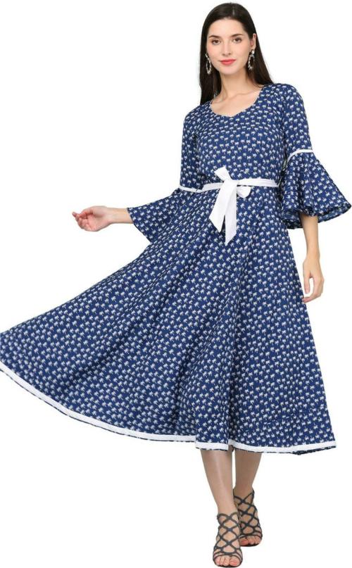 HSM HIGH Impero Women Blue Printed Cotton Linen Calf/Three Fourth Length Anarkali Gown