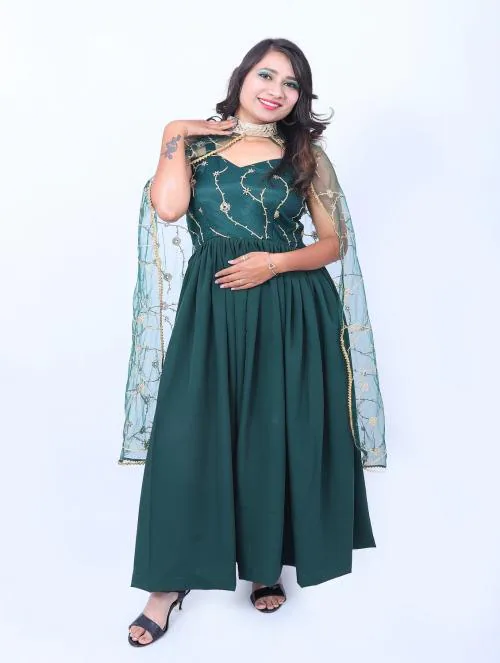 Weavers Saga Womens Crepe & Net Gaun, Womens Ethnic Dress Perfect For Mehendi Look, Haldi Look Wedding, Festivals- Dark Green-M
