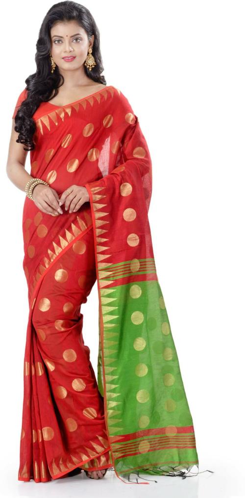 Woodentant Women Red, Green Temple Border Cotton Silk Saree