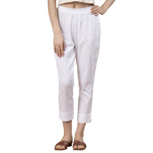 Mode By Red Tape White Solid Cotton Linen Women's Pant