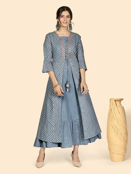 Vbuyz Women'S Bandhi & Embroidered Anarkali Cotton Grey Stitched Kurta With Shrug