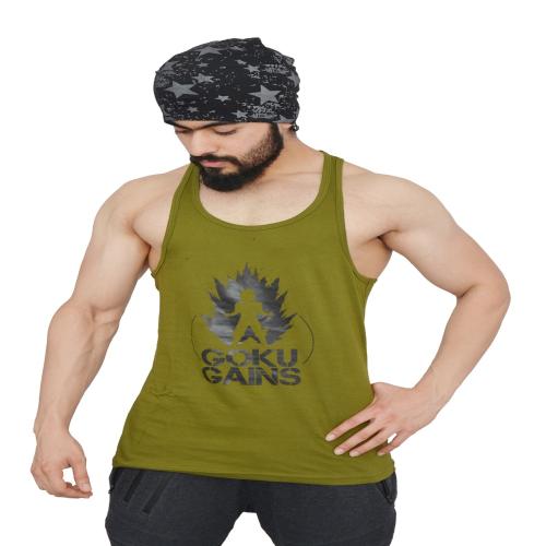 Anax Aesthetics Men's Sleeveless Cotton Gym Vest, X Dragon Ball Z Grafiko Series Goku Gains Stringer, Sando, Casual Tank for Mens(X-Large (42), Color : Osum Olive & Black)