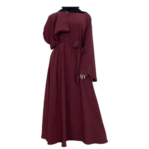 Barakath Dubai Long Muslim Women Islamic Dresses Plain Simple Abaya With Belt Style_Maroon_XXL