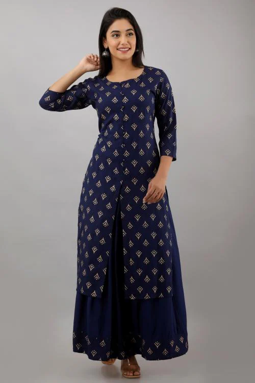 WIMIN Womens Rayon Gold Print Straight Front Slit Cut Kurta With Skirt Set (Navy Blue)