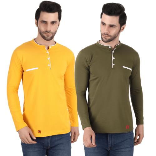 Pixie Fashion PolyCotton Mandarin Collar Full Sleeves Men's / Boys Tshirt (Pack of 2) Mehndi Green and Yellow - Large