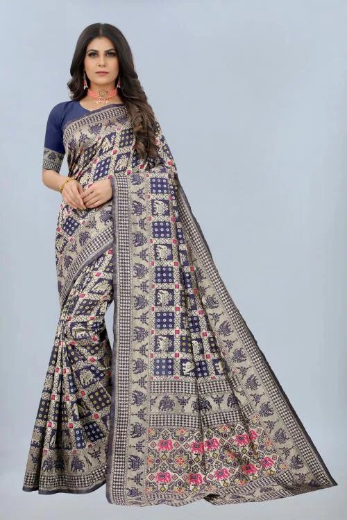 NENCY FASHION Women Blue Woven Jacquard Banarasi Saree with Unstitched Blouse Piece (BABDHANI SAREE)