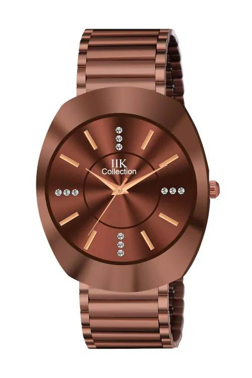 IIK COLLECTION Round Stone Studded Formal Brown Dial With Metallic Bracelet Brown Chain Strap Analogue Wrist Watch for Men -(IIK-736M)