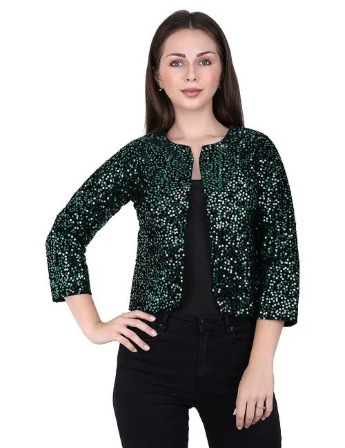UNFAKENOW Women Dark Green Embellished Velvet Shrug (XS)