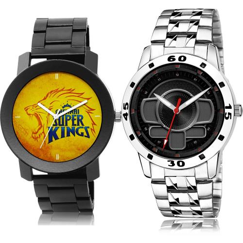 GROOT Classical Wrist Chennai Super Kings Squad (Csk) Ipl Chain And Silver Chain Black And Silver Colour Analog Metal And Stainless Steel Belt 2 Watch Combo For Boys And Men - IPL11-(8-S-19)