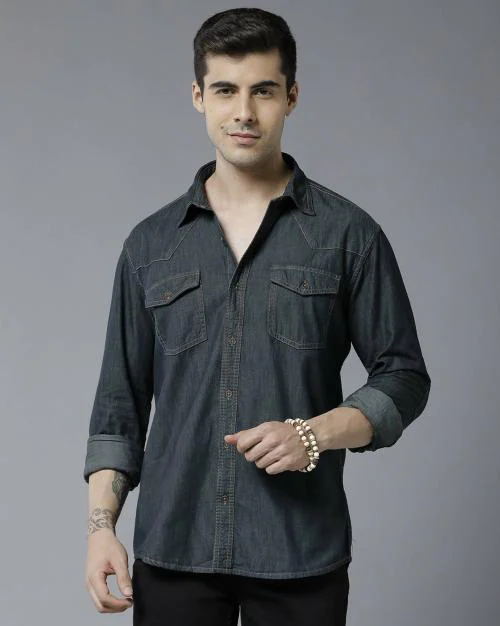Prototype Men Dark Blue Washed Denim Casual Shirt (M)
