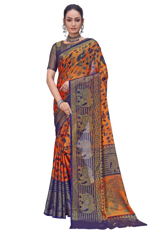 Sariya Printed Ikkat Brasso Saree (Blue, Orange)