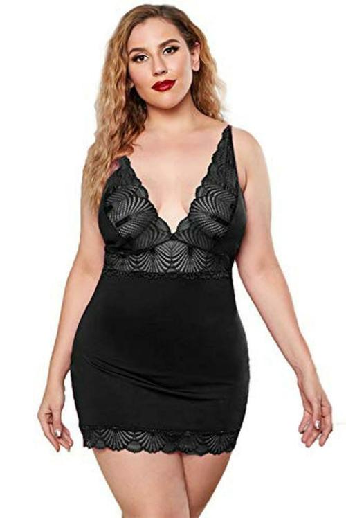 Plus Curvves Black Plus Size Dress Lace Splicing Sexy Nightwear Dress - XL Size