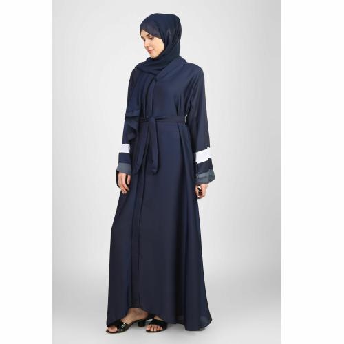 OVAIS ABAYA COLLECTIONHaima Front Open With Stylish Contrast Sleeve Abaya For Women Blue XL